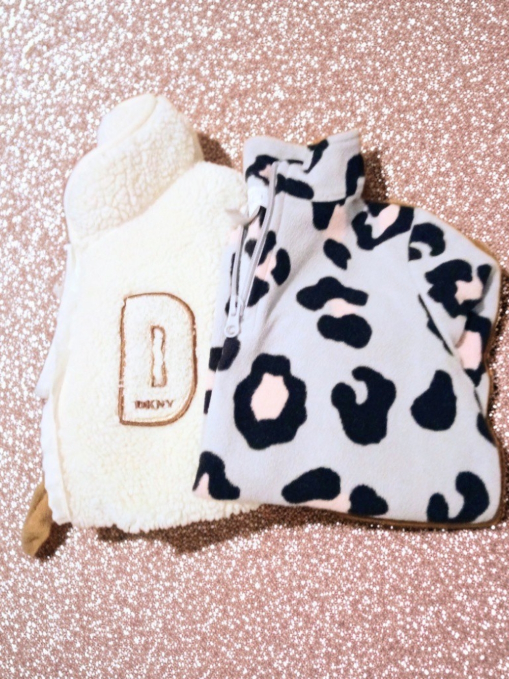 DKNY Kids Cream Sherpa Vest & Pink Leopard Fleece Pullover Set